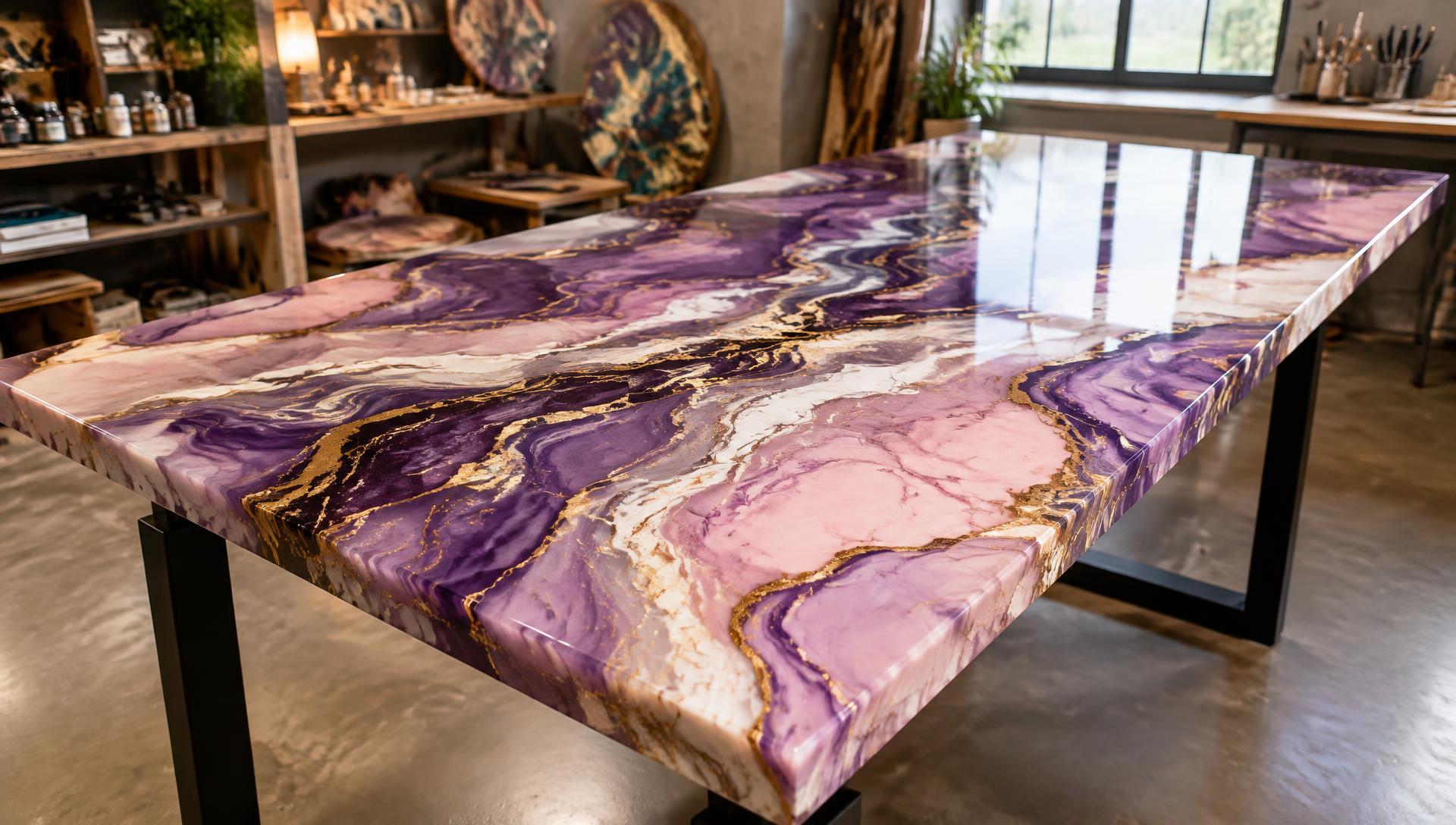 Table en résine époxy violette et rose réalisée par Nanou Resine époxy à Gardanne